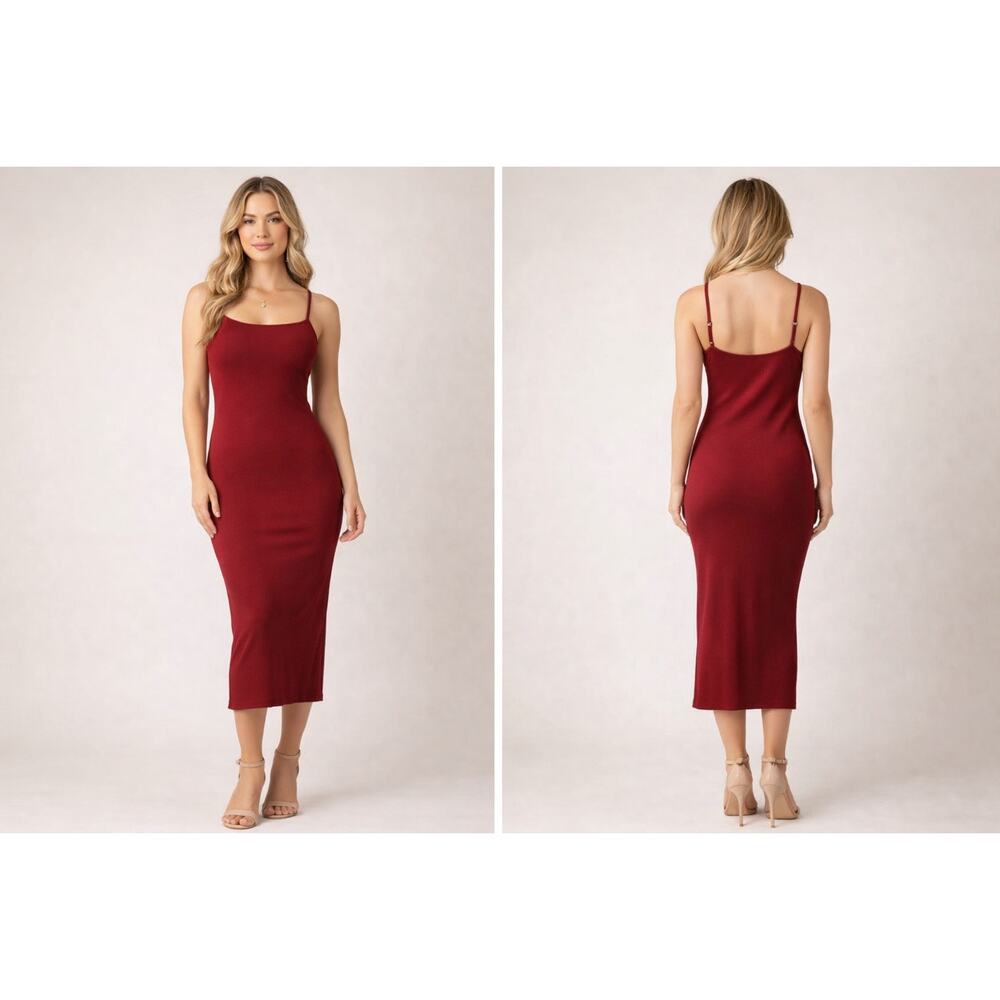 CIDER Dark Red Ribbed Slip Dress Midi Bodycon Adjustable Straps M Going out
